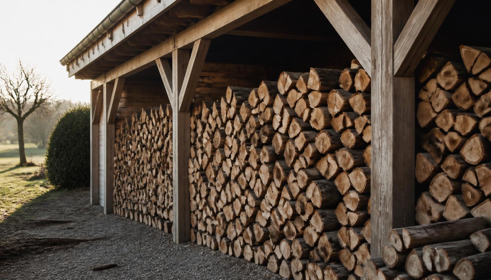 Bûches de bois de chauffage empilées sous un hangar