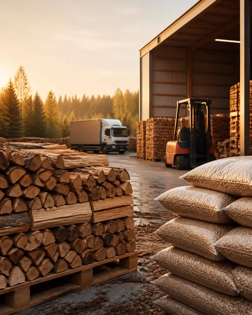 Palettes de bois de chauffage, sacs de granulés et briquettes dans un dépôt de bois-énergie